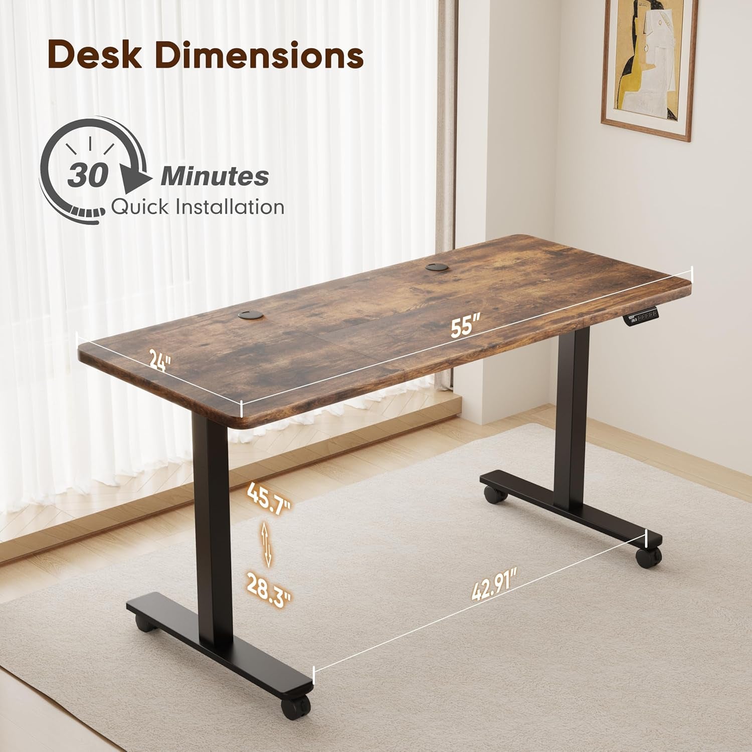 55" Electric Standing Desk,Height Adjustable Home Office Sit Stand up Computer PC Table,Tall Standup Workstation, Gaming Writing Study Bedroom Rising Desks,Brown